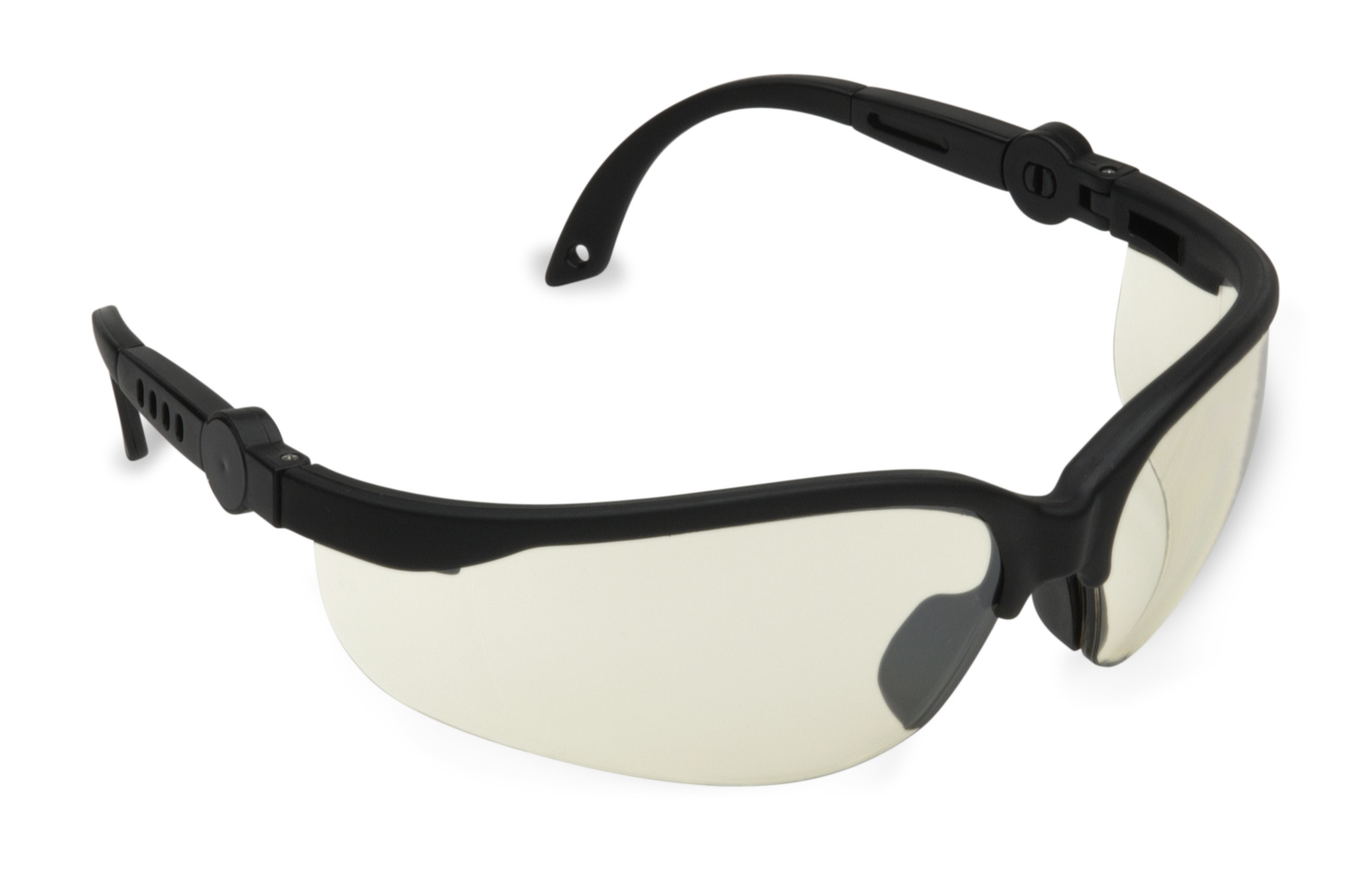 Indoor-Outdoor,
Scratch-Resistant
Polycarbonate Lens, Matte
Black Nylon Frame, Dual
Wrap-Around Lens, Extendable
&amp; Ratcheting Temples, TPR
Nose Piece, Meets ANSI Z87.1+
Standards, Provides 99.9% UV
Protection